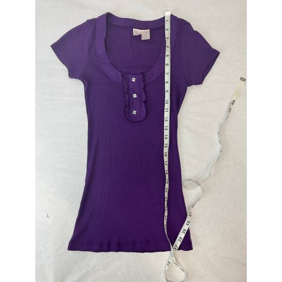 Vintage Y2K Aqua Rhinestones Fitted Ribbed 2000s Made USA Scoop Neckline Small - Picture 3 of 7